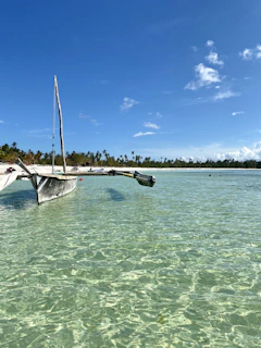 A wooden boat cruising on crystal-clear waters with forested hills in the background