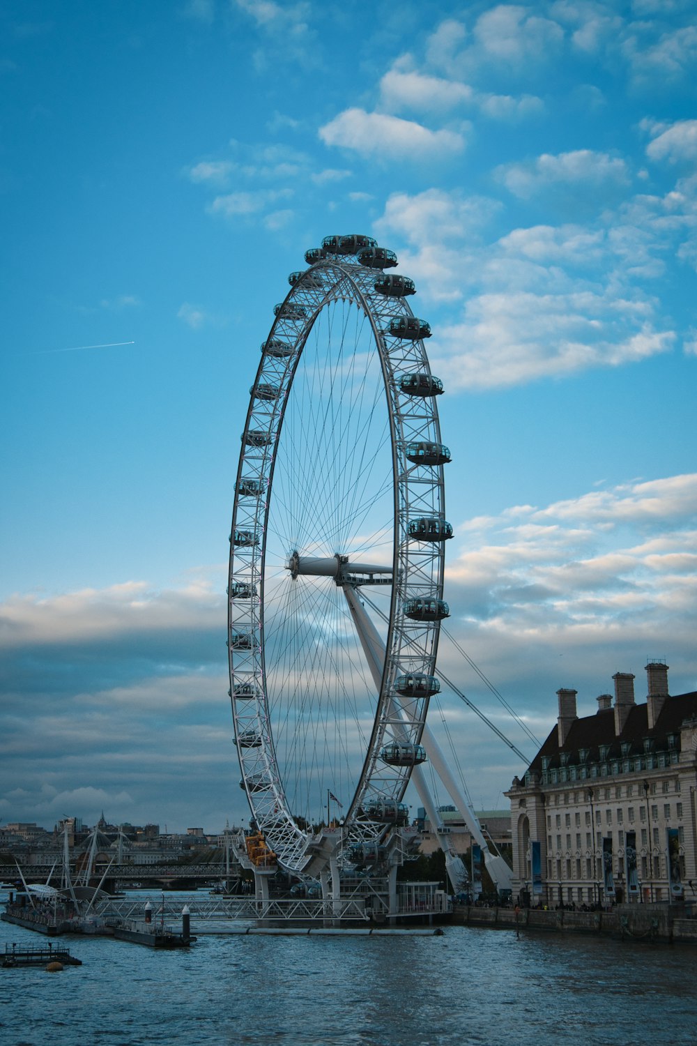 a large ferris wheel sitting on the side of a river