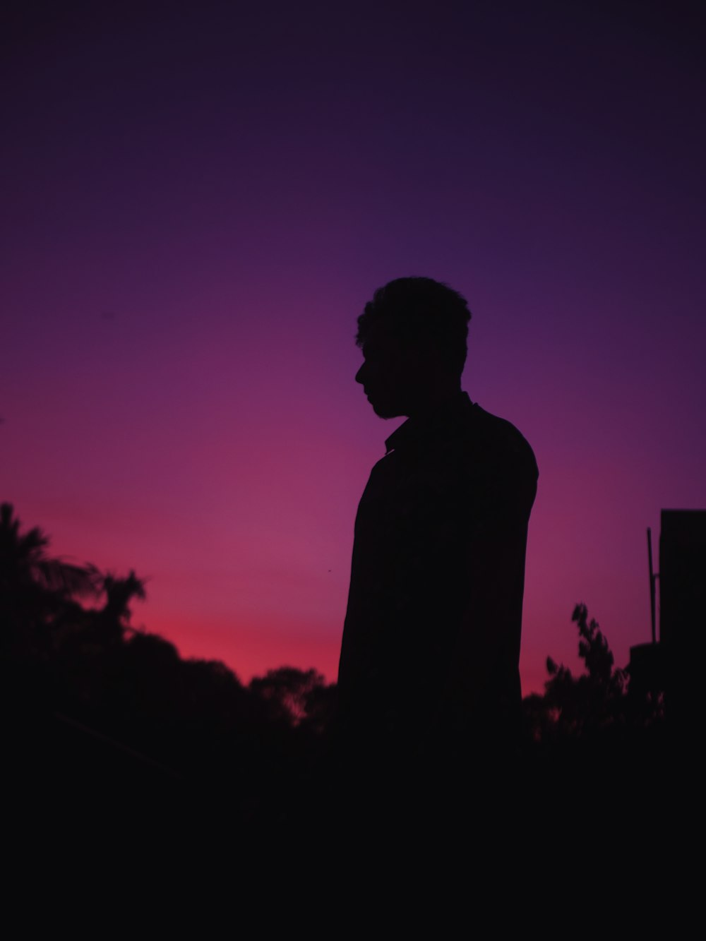 Una sagoma di un uomo in piedi di fronte a un cielo viola