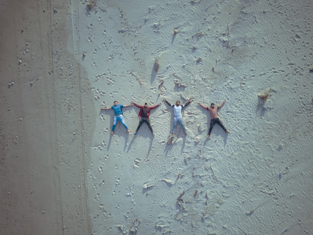 모래 해변 위에 누워있는 사람들의 그룹