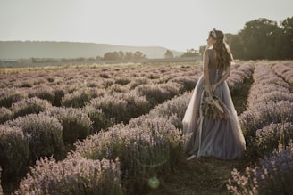 A soft-lit portrait of a woman in a flowing peach dress surrounded by blooming lavender fields.