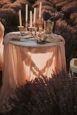 A beautifully arranged table with lavender-inspired decor.