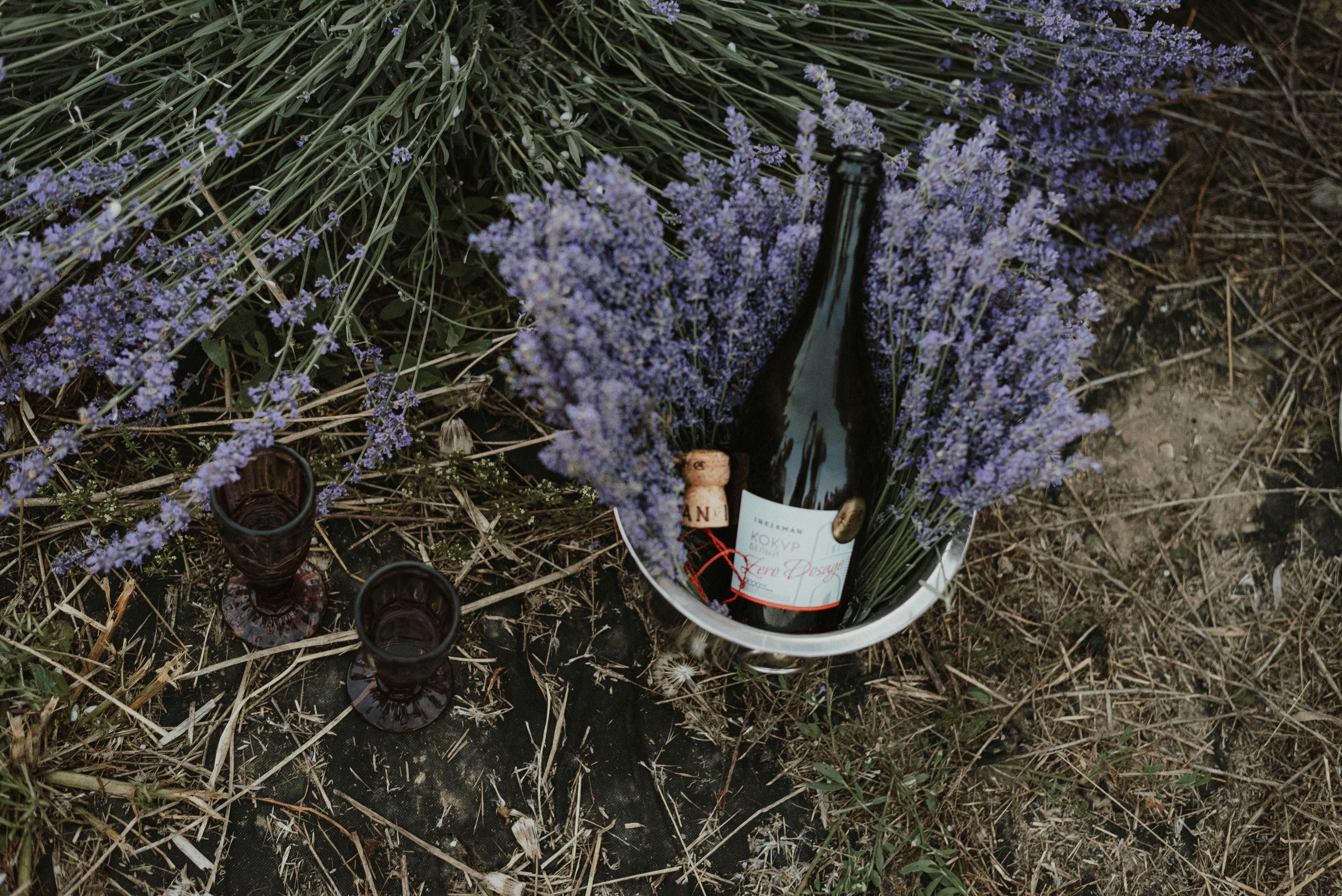 Essential oil bottles and lavender sprigs on a wooden table - lavender and chamomile scent