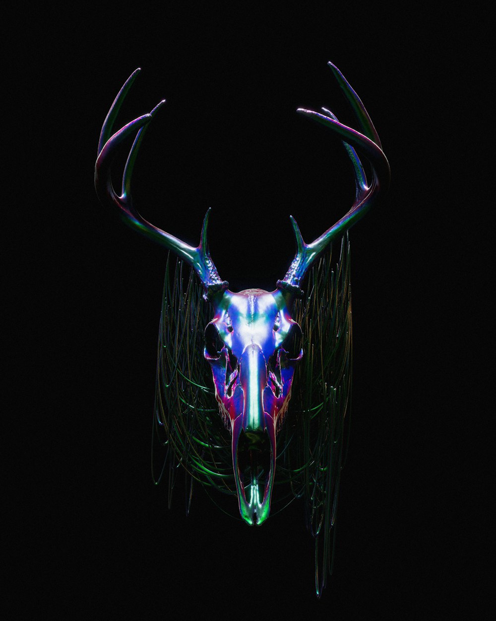 a deer's head with glowing antlers on a black background