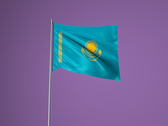 A flag with a sky blue background featuring a gold emblem of the sun with 32 rays above a soaring eagle. A vertical band with a national ornamental pattern is present on the left side of the flag. The flag is set against a solid purple background and is attached to a silver flagpole.