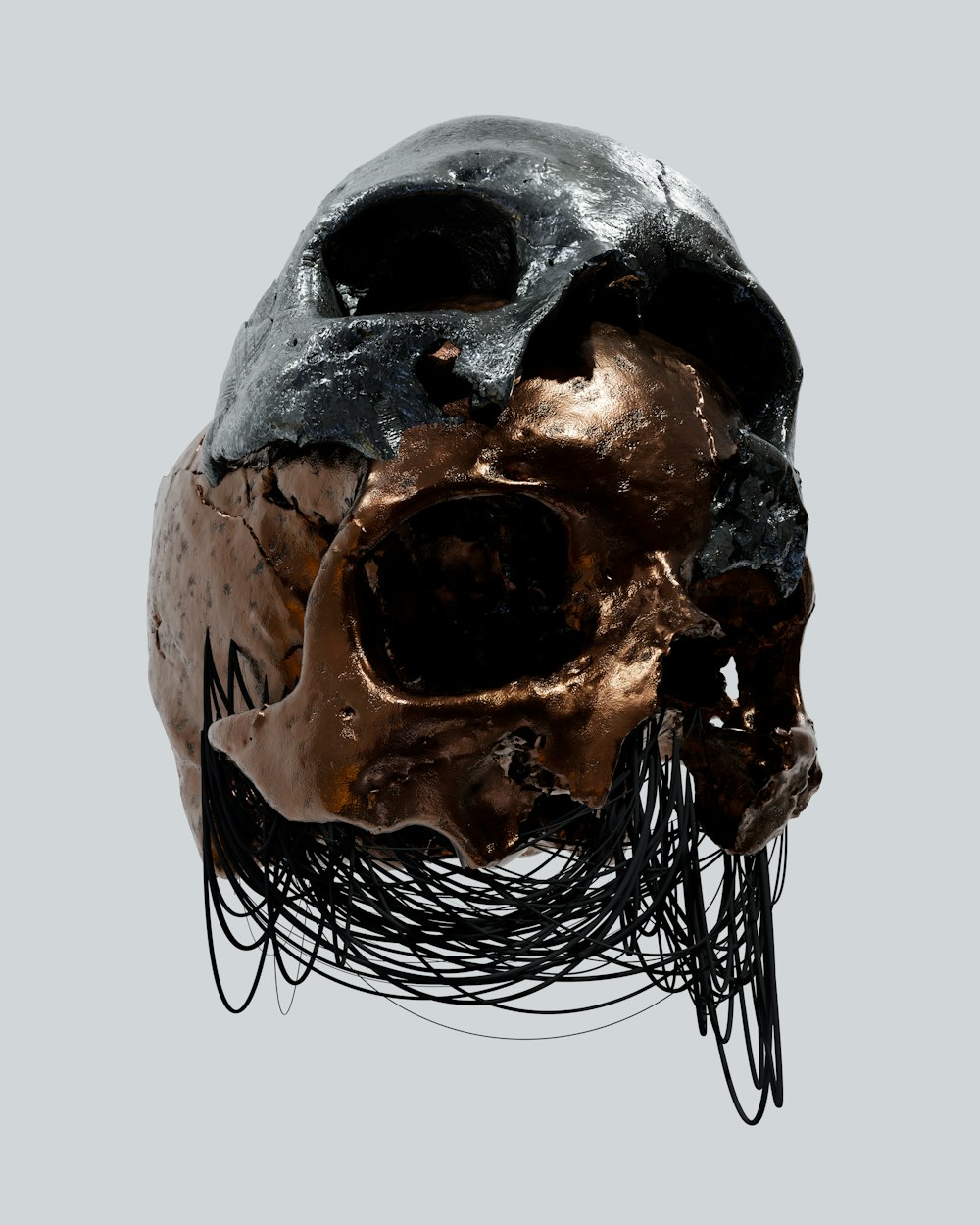 a metal sculpture of a human skull with hair on it's head