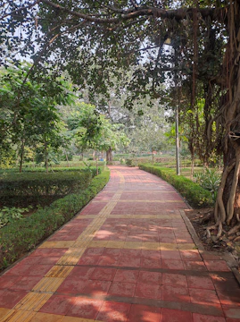 A winding pathway made of pavers leading through a landscaped yard with colorful shrubs.