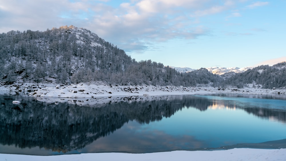 a lake surrounded by snow covered mountains and trees