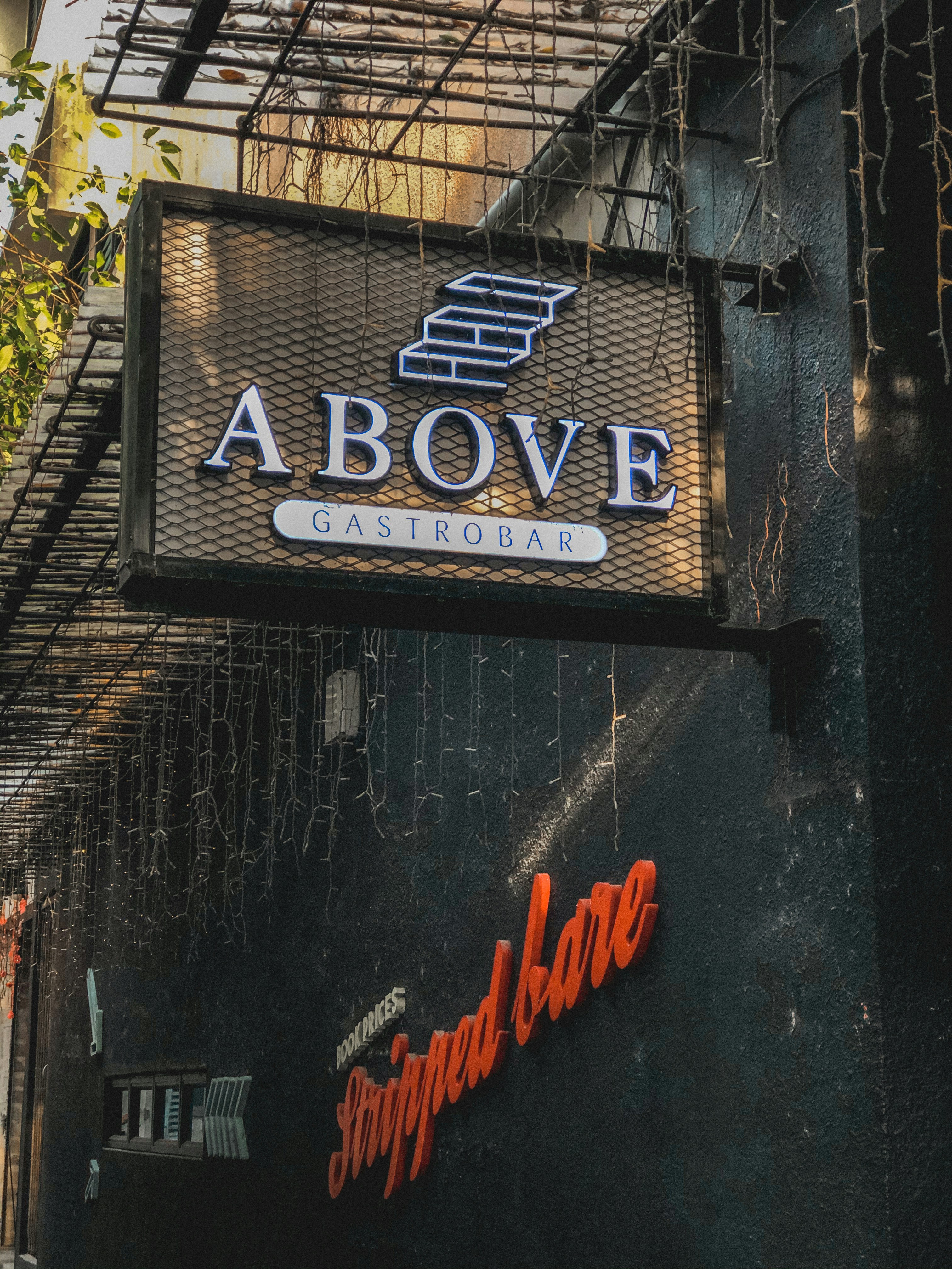 The above sign for a restaurant on the side of a building