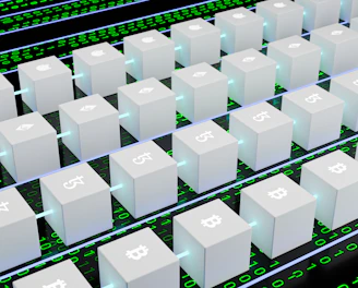 A digital artwork featuring multiple white cubic blocks aligned in a grid pattern, each displaying symbols of various cryptocurrencies like Bitcoin and Ethereum. The blocks are interconnected by glowing lines, set against a background of binary code in green and black.