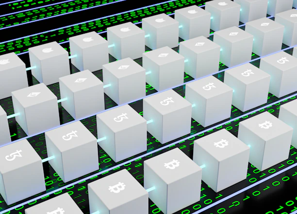 A digital artwork featuring multiple white cubic blocks aligned in a grid pattern, each displaying symbols of various cryptocurrencies like Bitcoin and Ethereum. The blocks are interconnected by glowing lines, set against a background of binary code in green and black.
