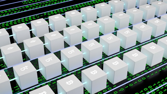 A digital artwork featuring multiple white cubic blocks aligned in a grid pattern, each displaying symbols of various cryptocurrencies like Bitcoin and Ethereum. The blocks are interconnected by glowing lines, set against a background of binary code in green and black.