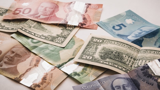 Various bills of Canadian and American currency are scattered on a surface. The Canadian bills have denominations of 5, 10, 50, and 100, distinguished by their colorful designs and images of notable figures. A 20-dollar U.S. bill featuring green hues and a depiction of the White House is also visible.