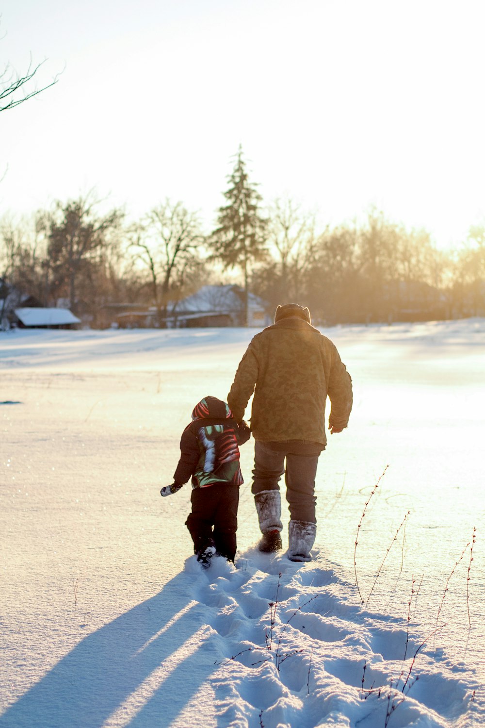 a man and a child walking in the snow