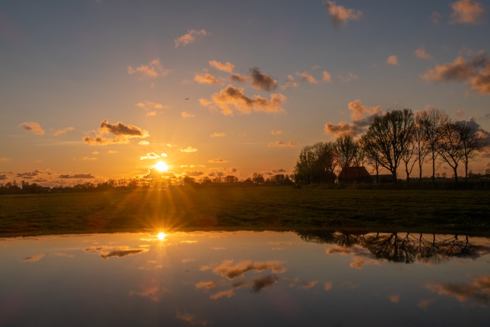 Il sole sta tramontando su un campo erboso