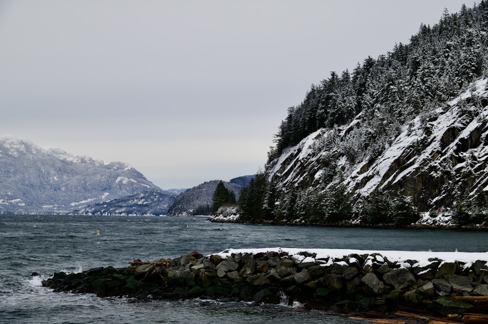 a body of water surrounded by snow covered mountains