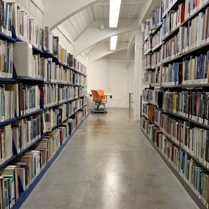 a long row of books in a library