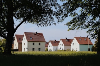 a row of white houses sitting next to each other on a lush green field