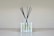 A clear glass bottle containing a light-colored liquid and several black reed sticks protruding from the top. The bottle is placed on a minimalist surface against a muted background.