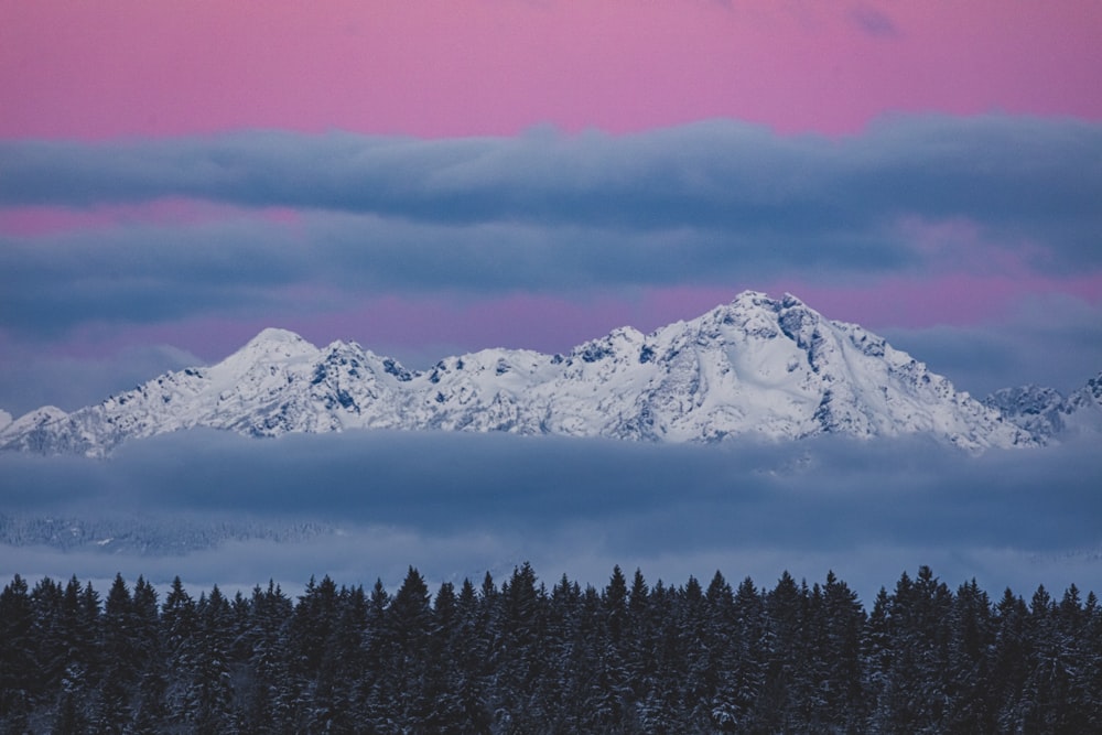 a snow covered mountain with a pink sky in the background