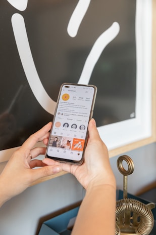 Two hands are holding a smartphone displaying a social media profile with follower and following statistics visible. The background includes part of a framed artwork and a decorative object nearby.