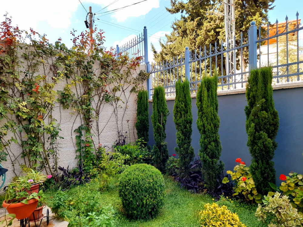 a garden area with a fence, potted plants, and a lawn chair