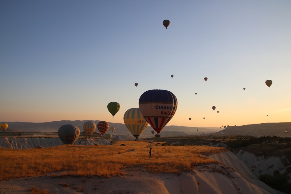 a bunch of hot air balloons flying in the sky