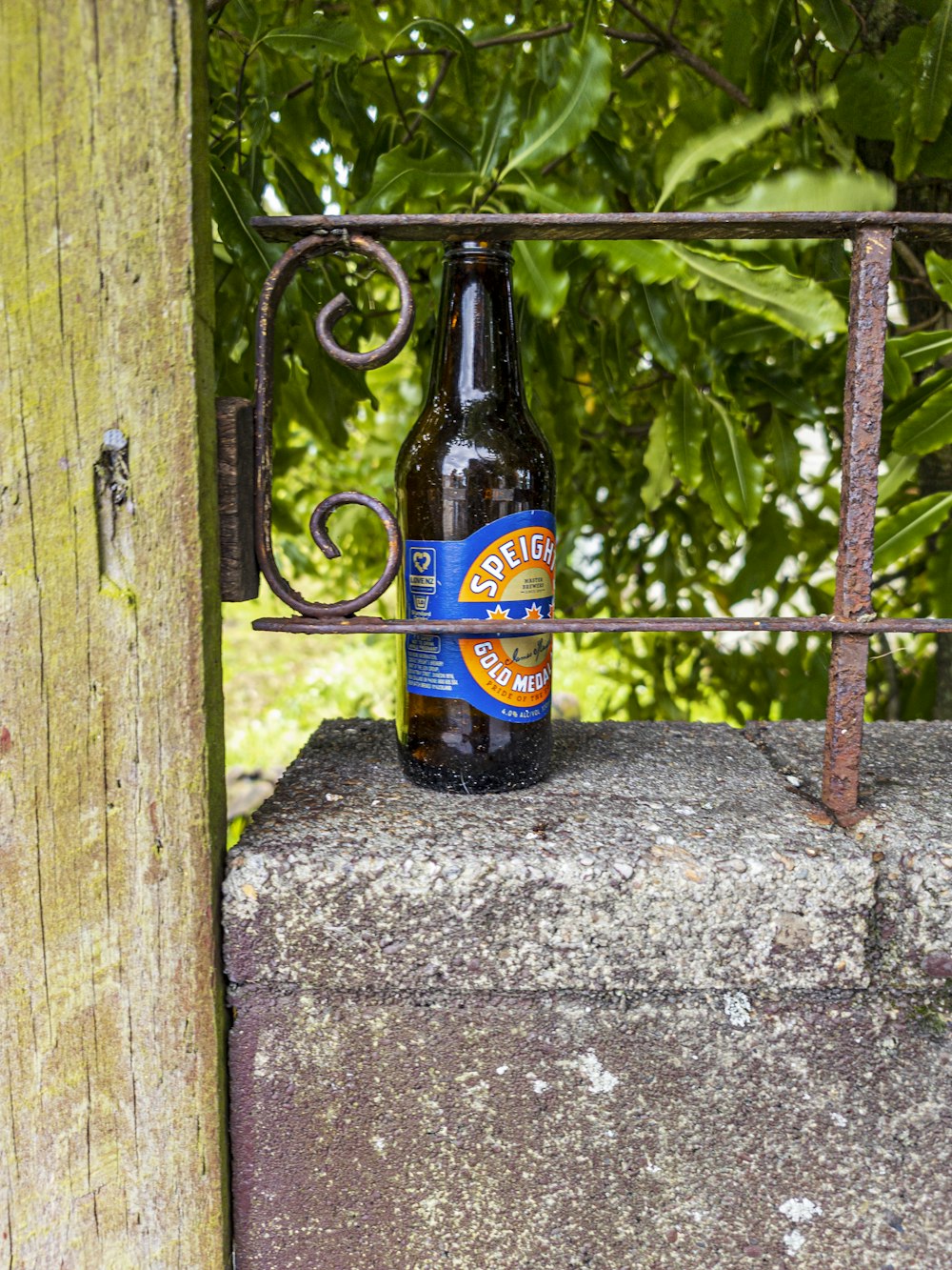 a bottle of beer sitting on top of a cement block