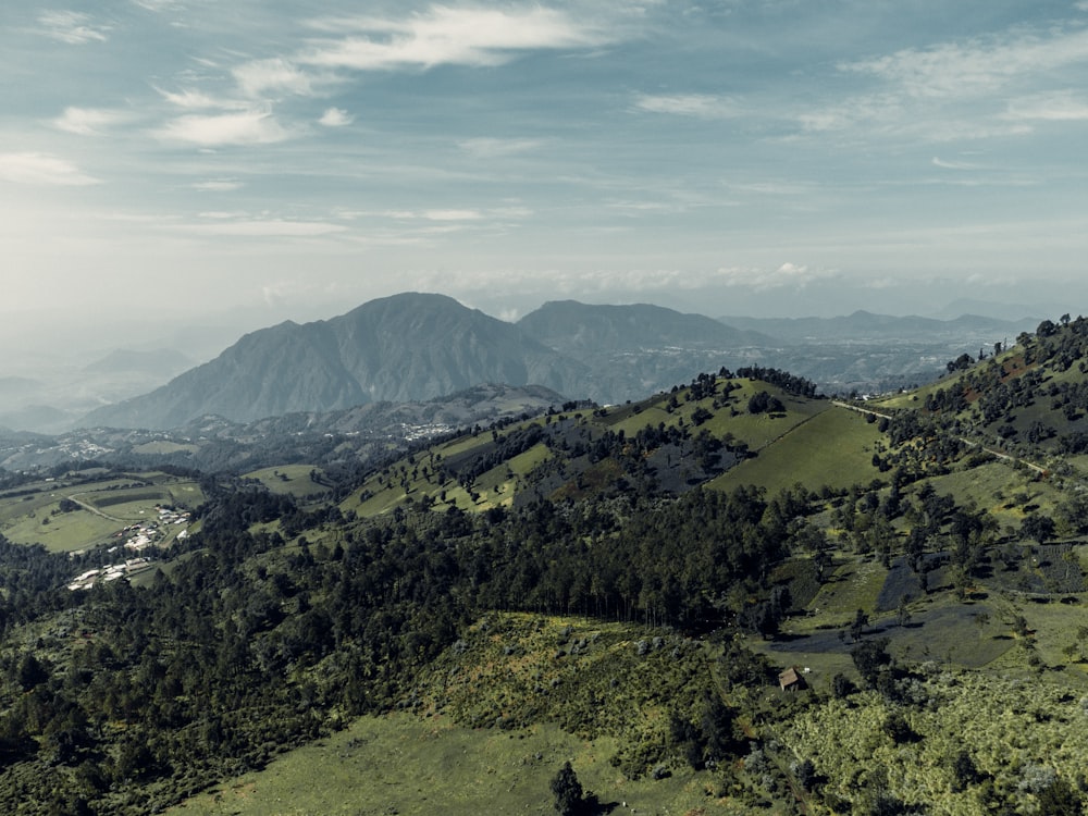 a scenic view of a valley with a mountain in the background