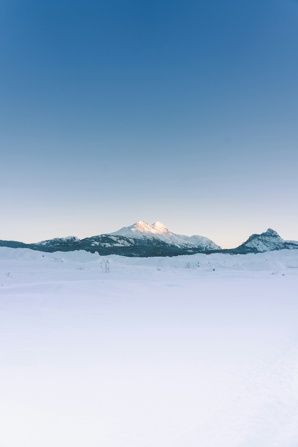 a snow covered field with a mountain in the background