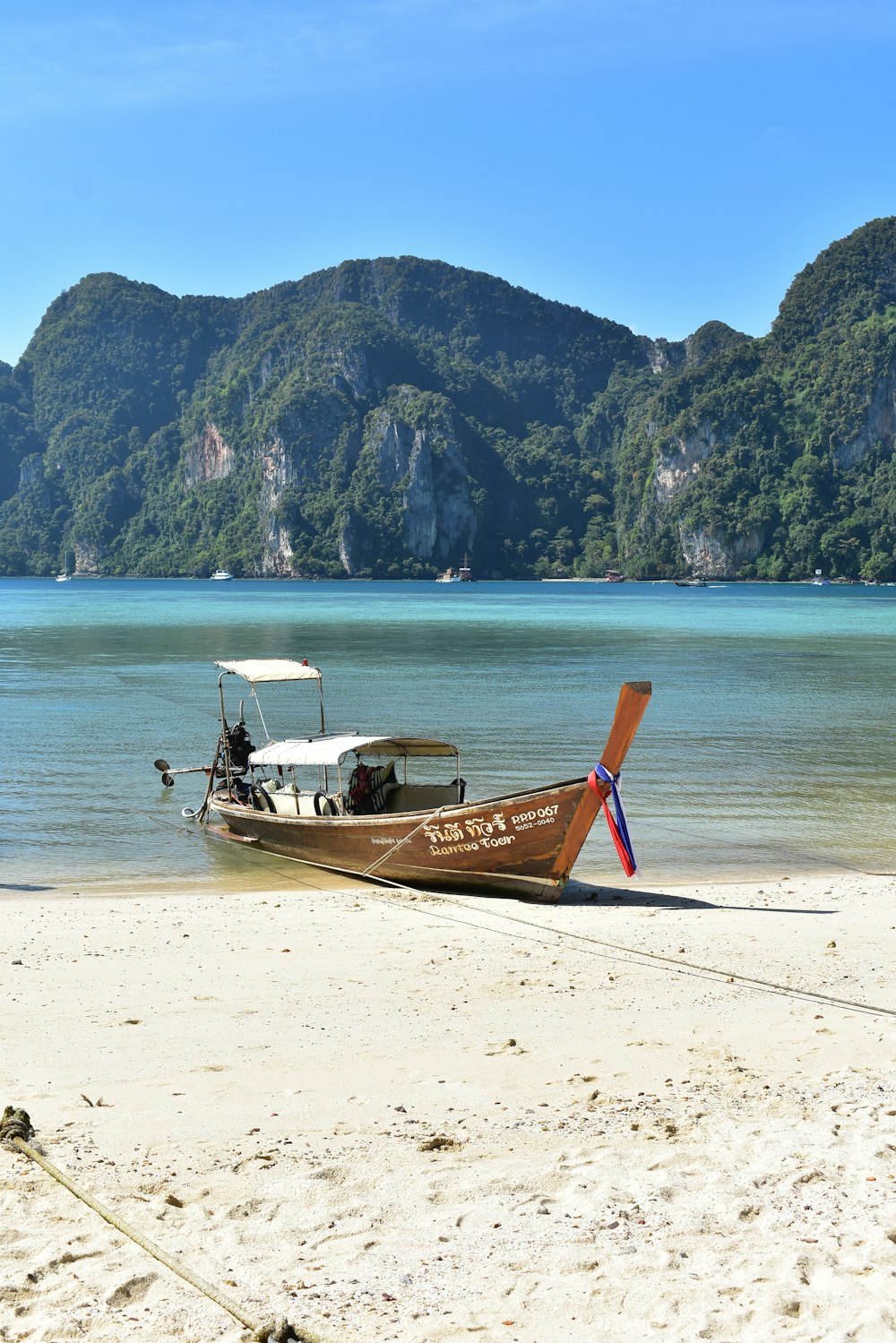 a boat on a beach with mountains in the background