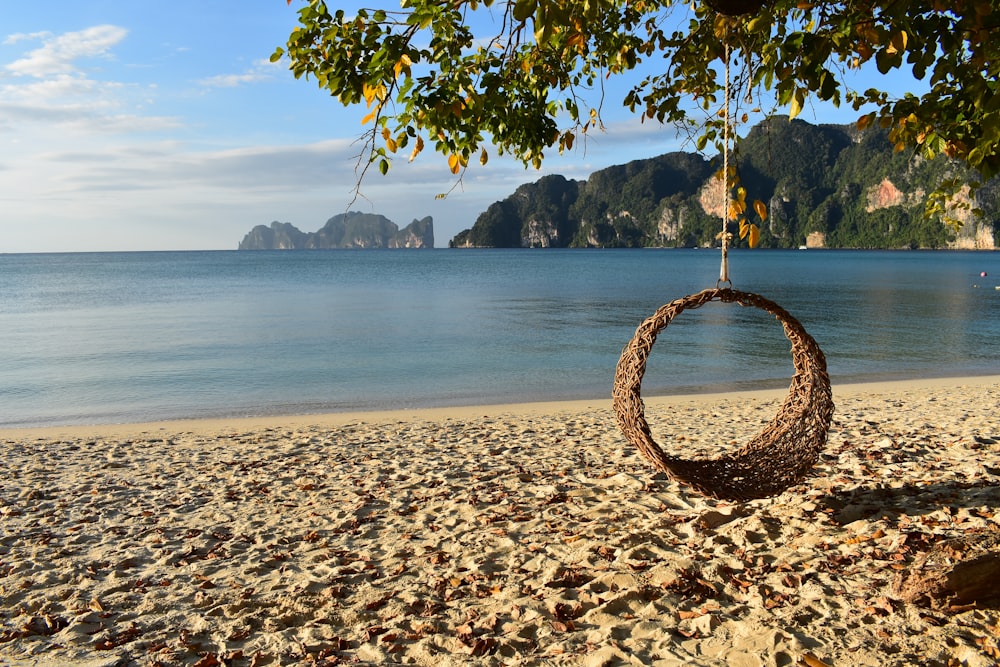 a circular sculpture on a beach near the ocean