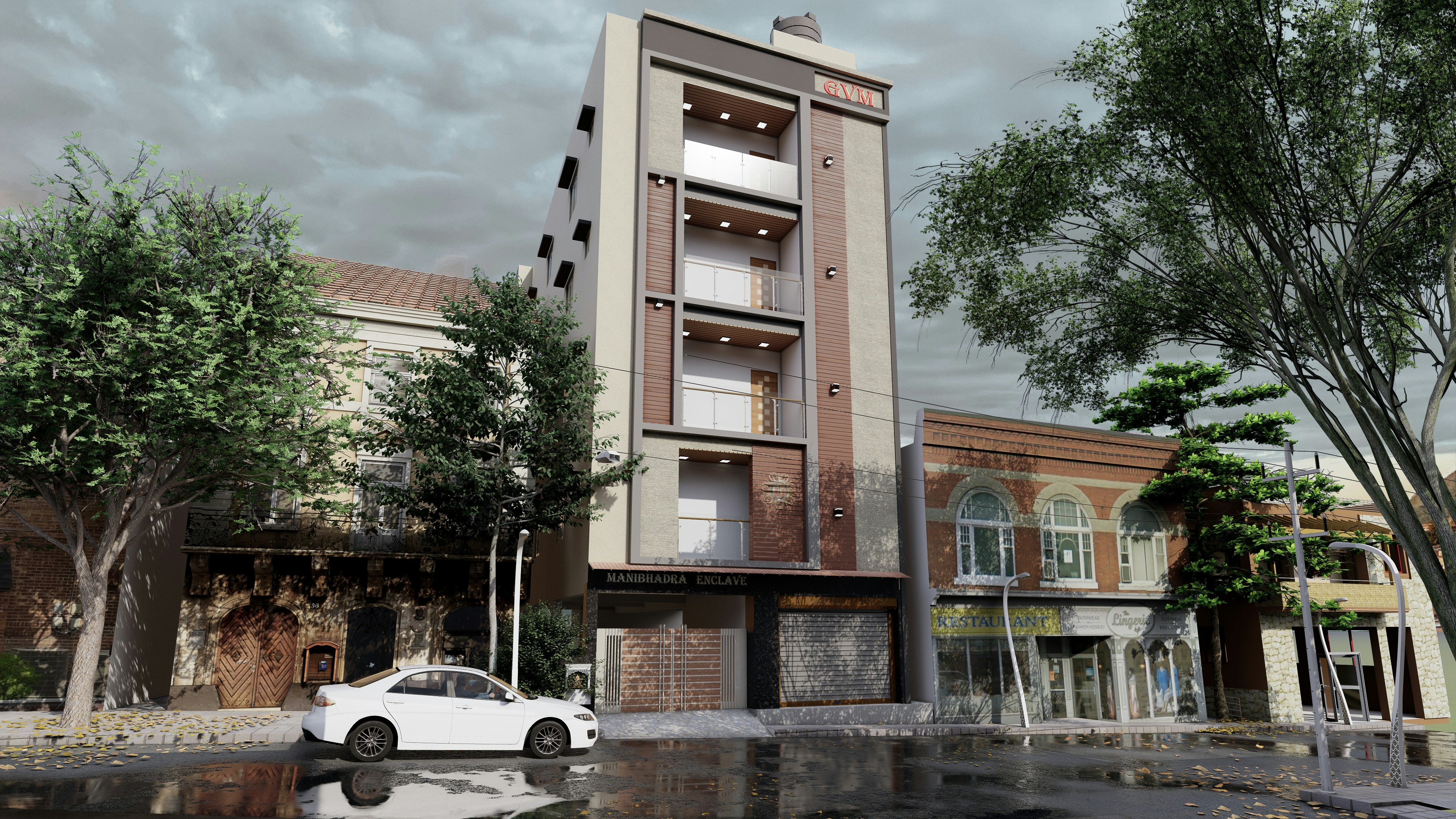 a white car parked in front of a tall building