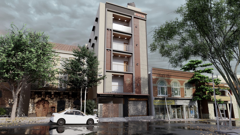 a white car parked in front of a tall building