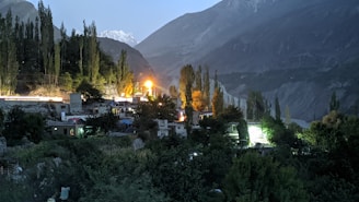 a night view of a village with mountains in the background