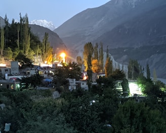 a night view of a village with mountains in the background