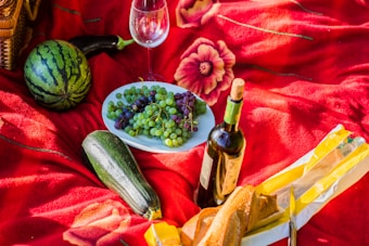 A picnic setting on a red blanket featuring a variety of items including a watermelon, a zucchini, an eggplant, a plate of green and purple grapes, a bottle of wine, a wine glass, and a baguette in a paper bag. The red blanket is adorned with floral patterns.
