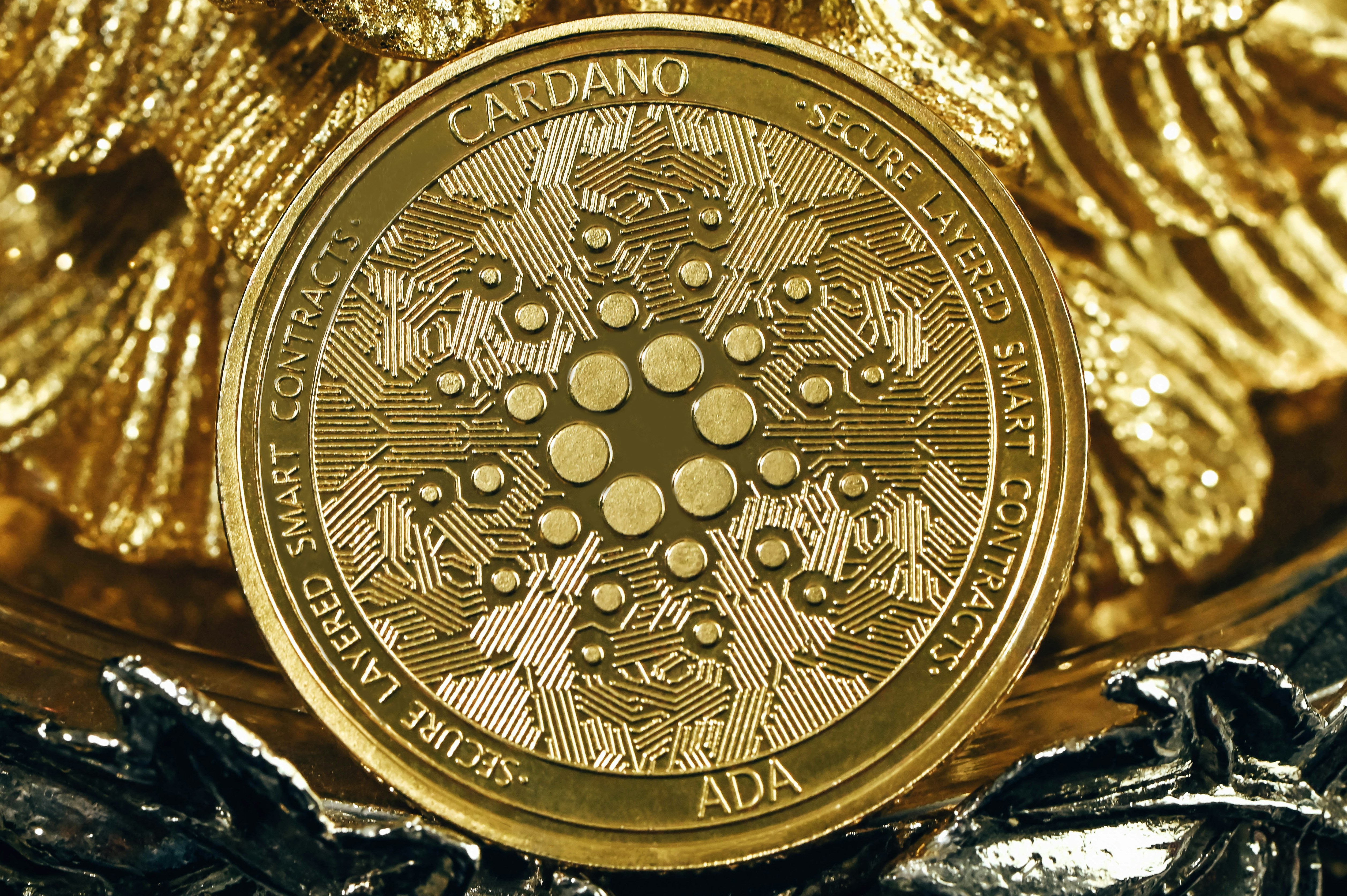 A Cardano coin standing in front of a ceramic pine tree