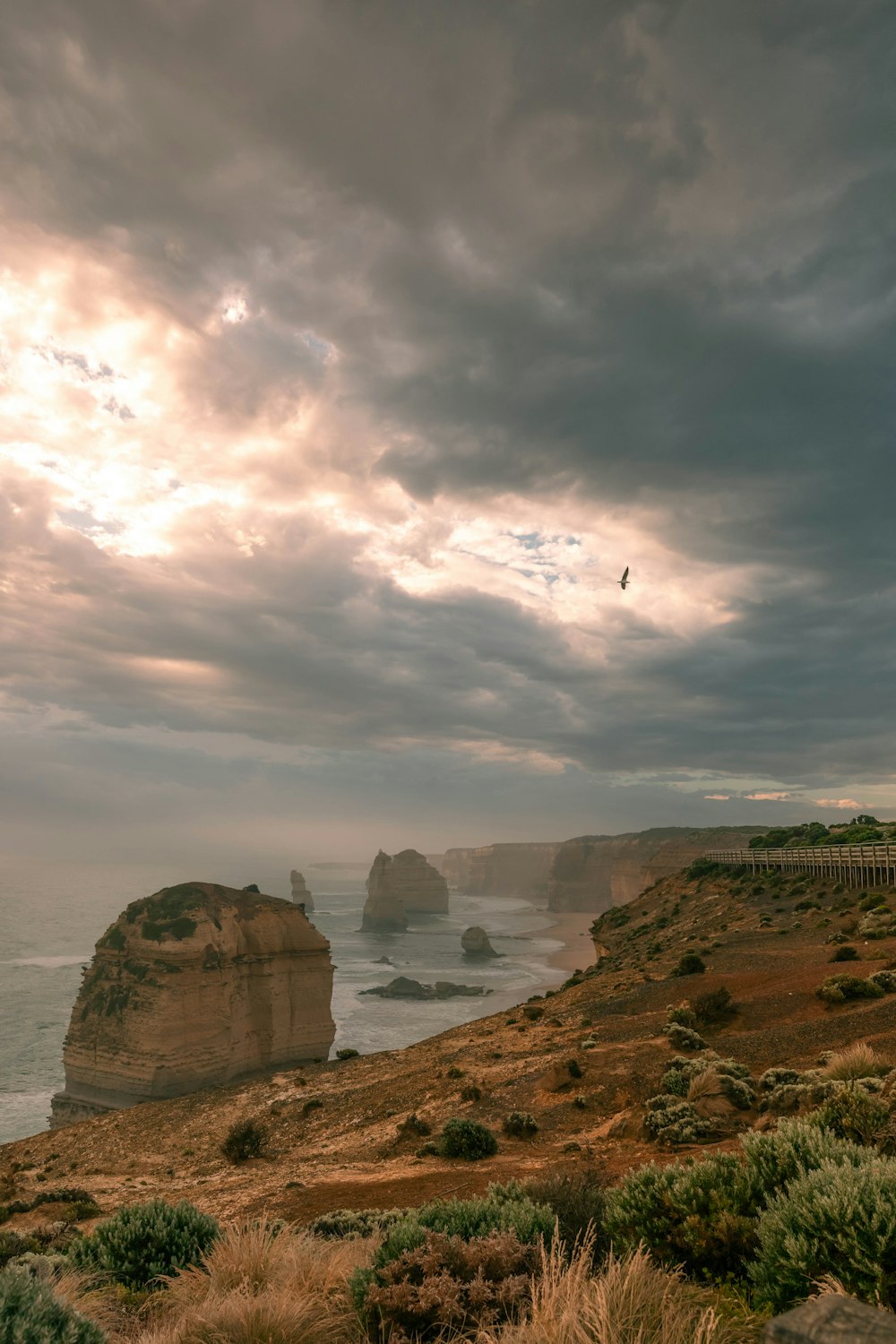 a bird flying over the ocean on a cloudy day