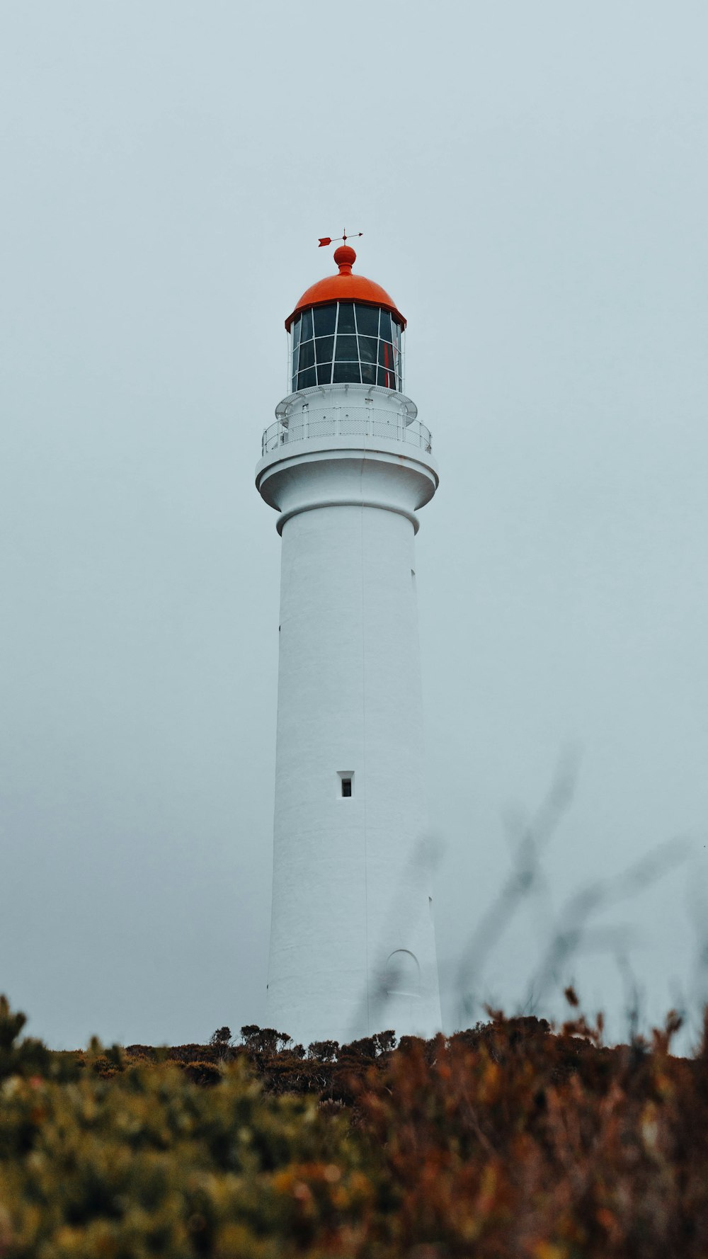 a white and red light house on top of a hill