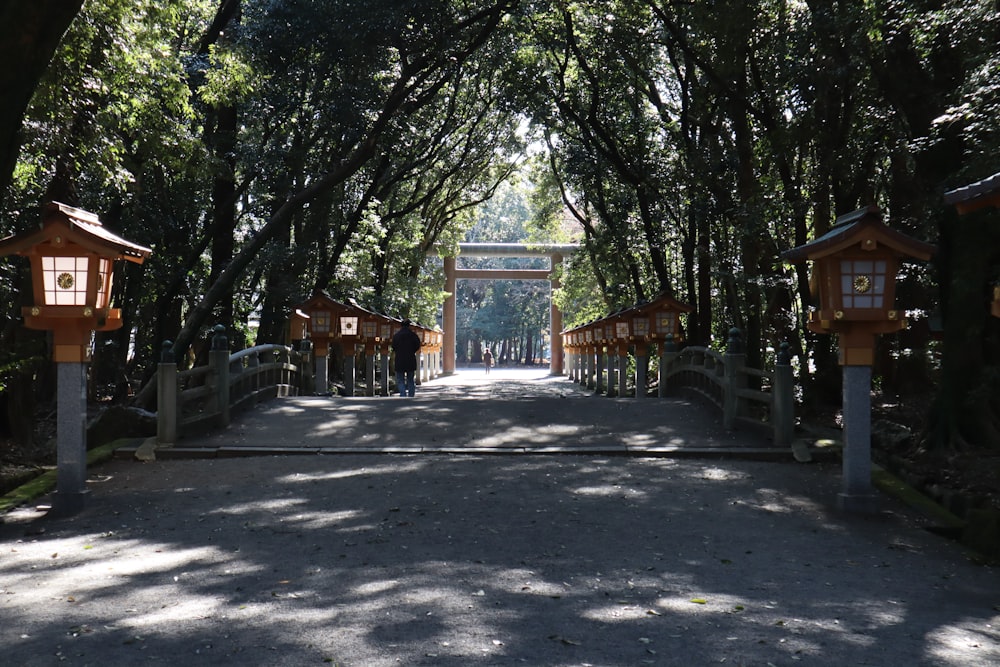 a walkway lined with trees leading to a gate