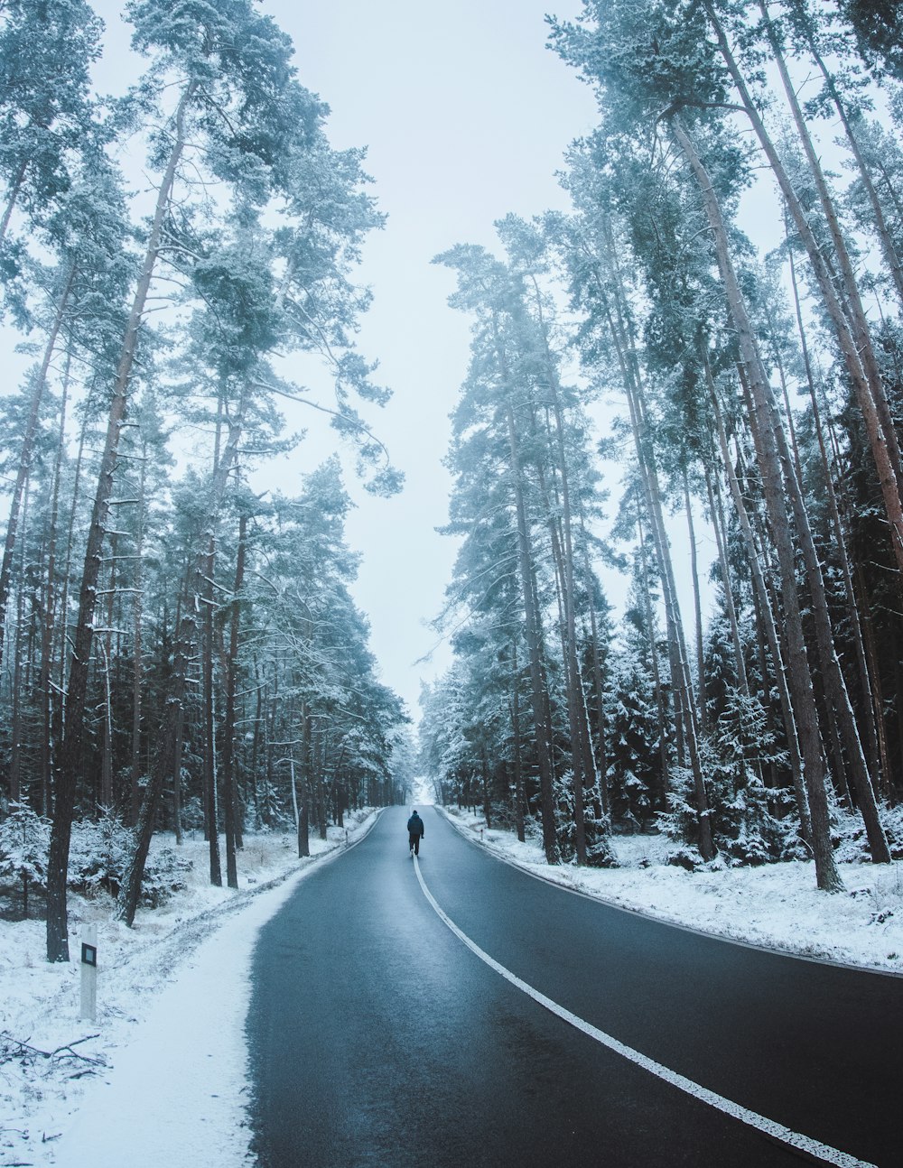 a person is walking down a snowy road