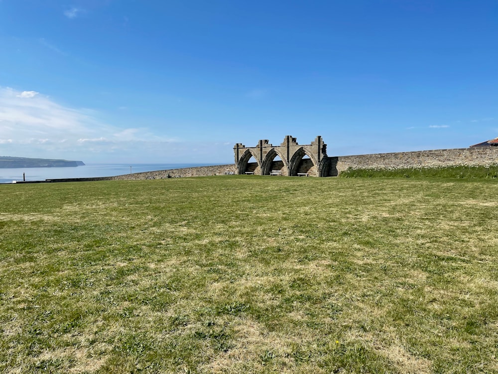 a grassy field with a building in the background