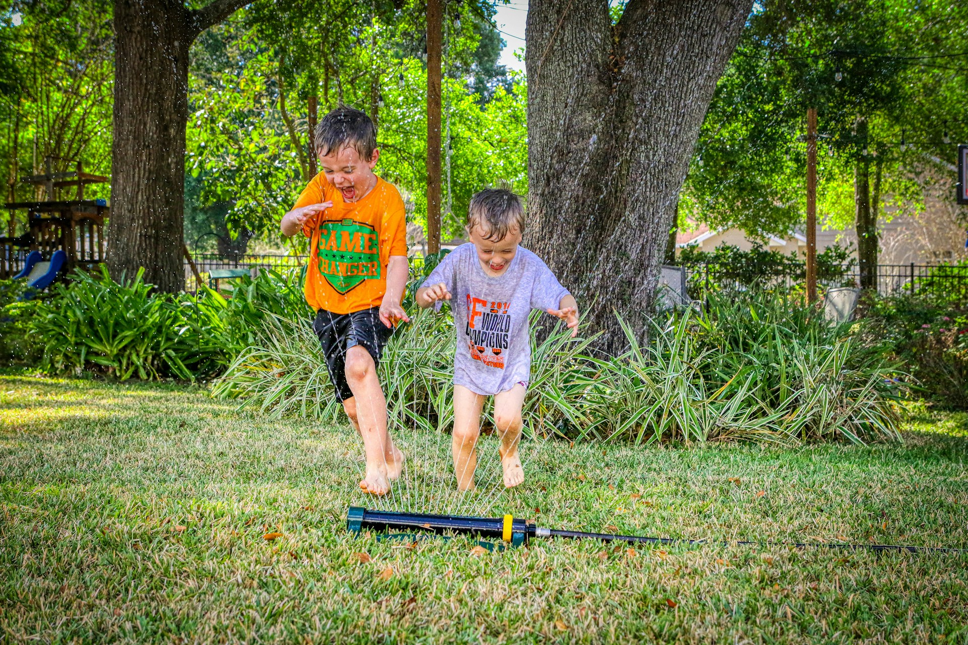 Children playing in a lush green backyard, showcasing joy and the innocence of childhood.