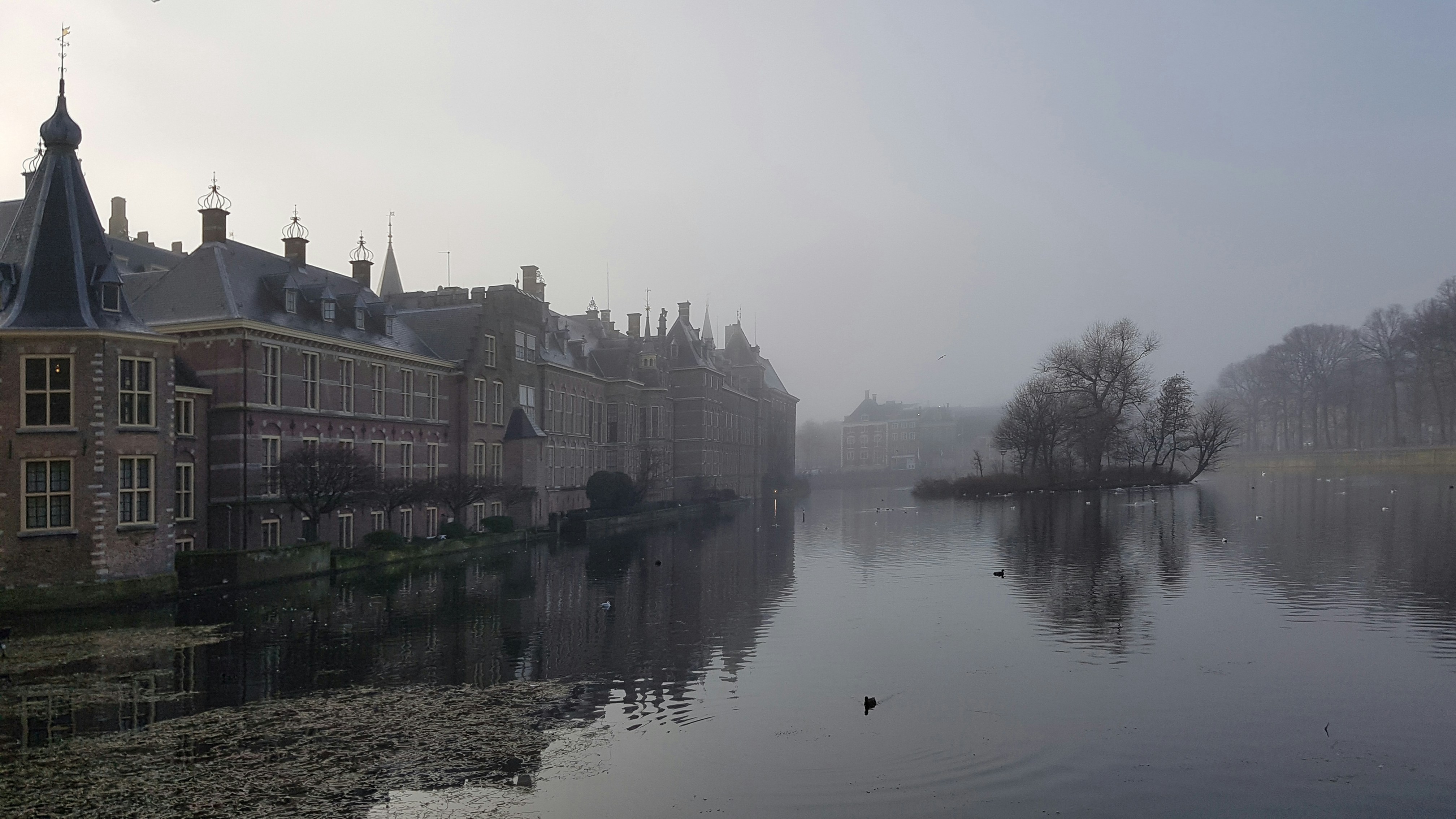Ein Gewässer, umgeben von hohen Gebäuden