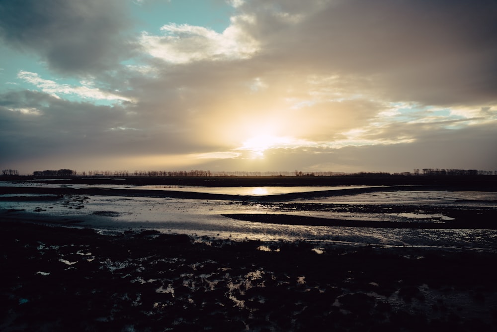 the sun is setting over a body of water