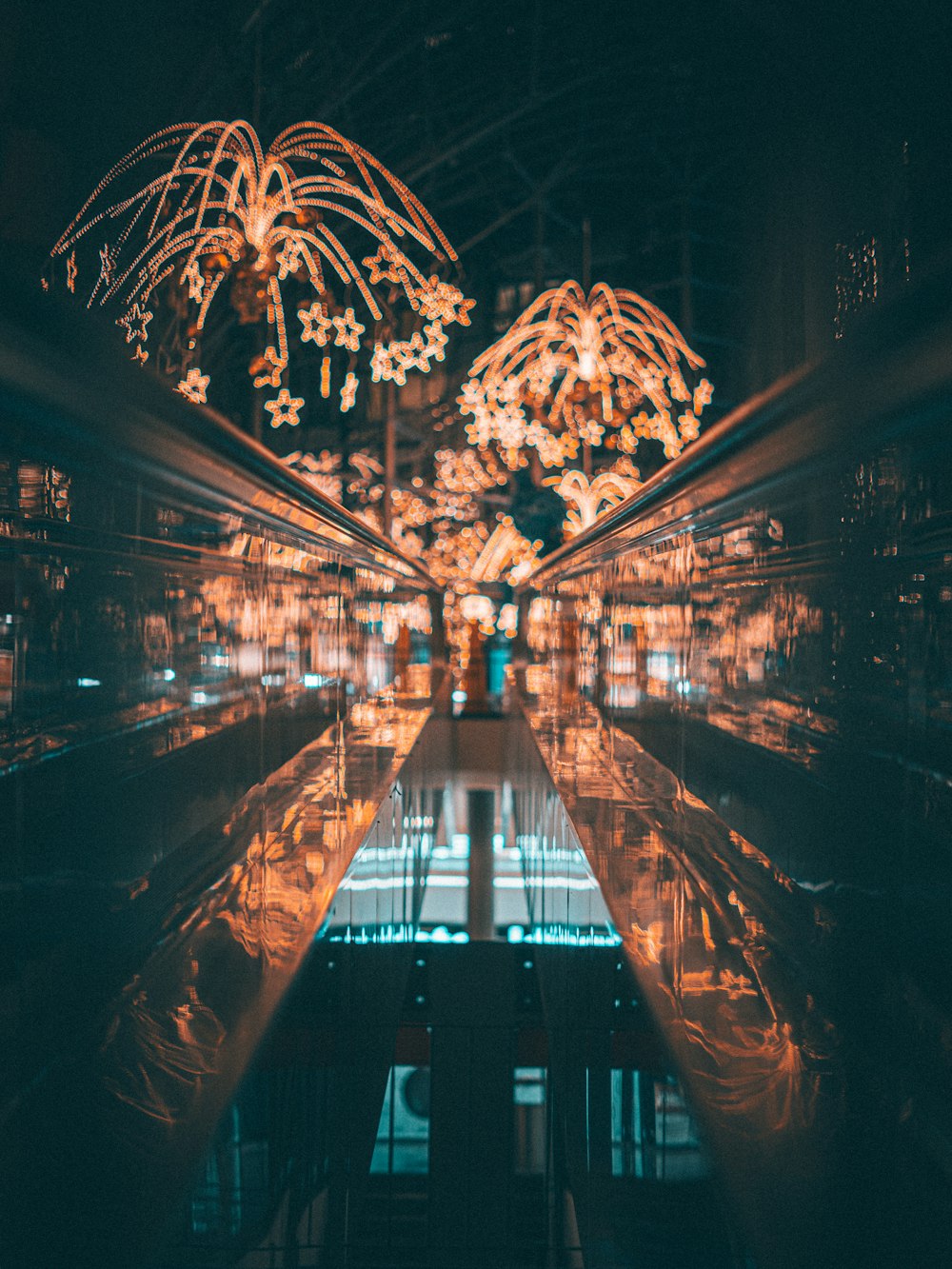 a long table with lights in the middle of it