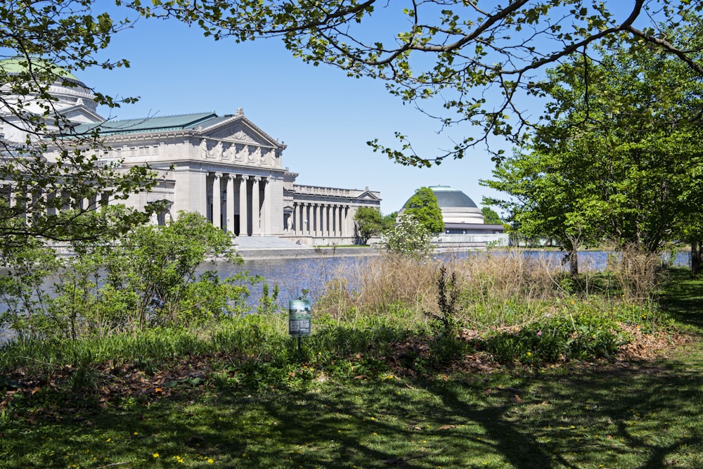 a view of a building from across the water