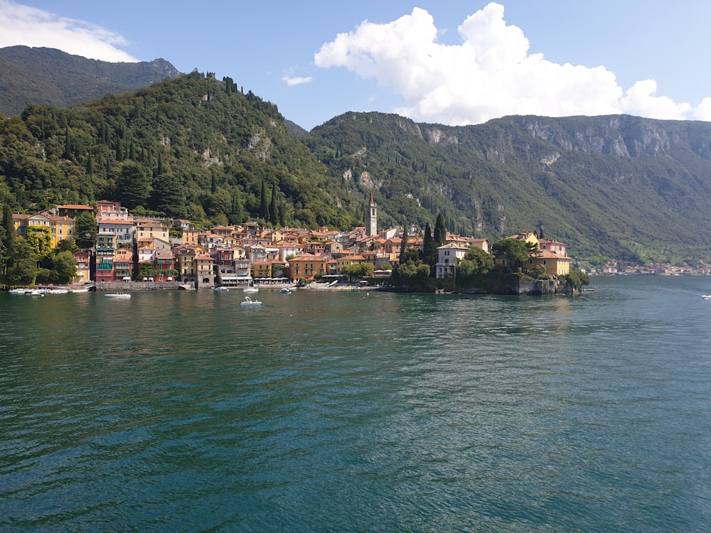 a village on a small island in the middle of a lake