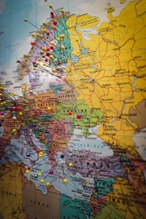 a map of europe with pins on it